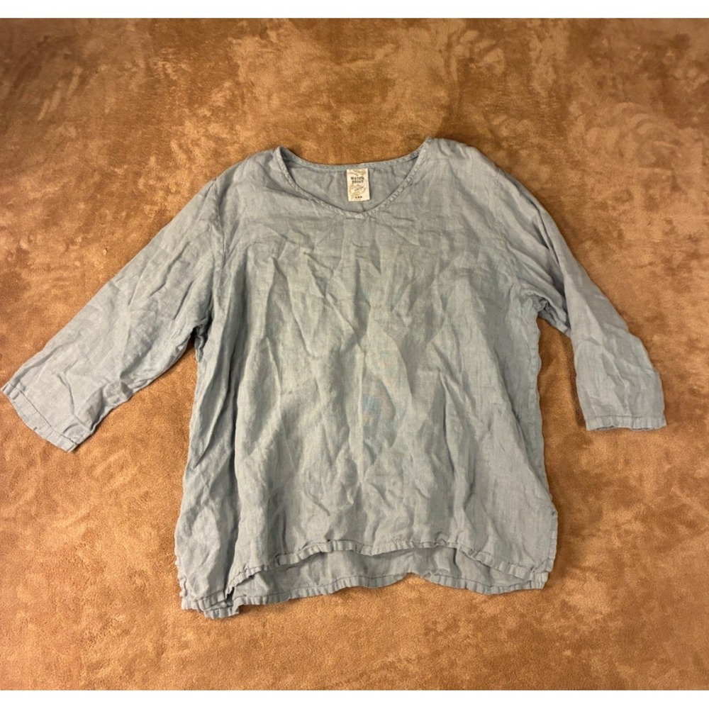 Match Point USA Womens Light Blue Linen Tunic Blouse Large Relaxed Fit Boho Chic